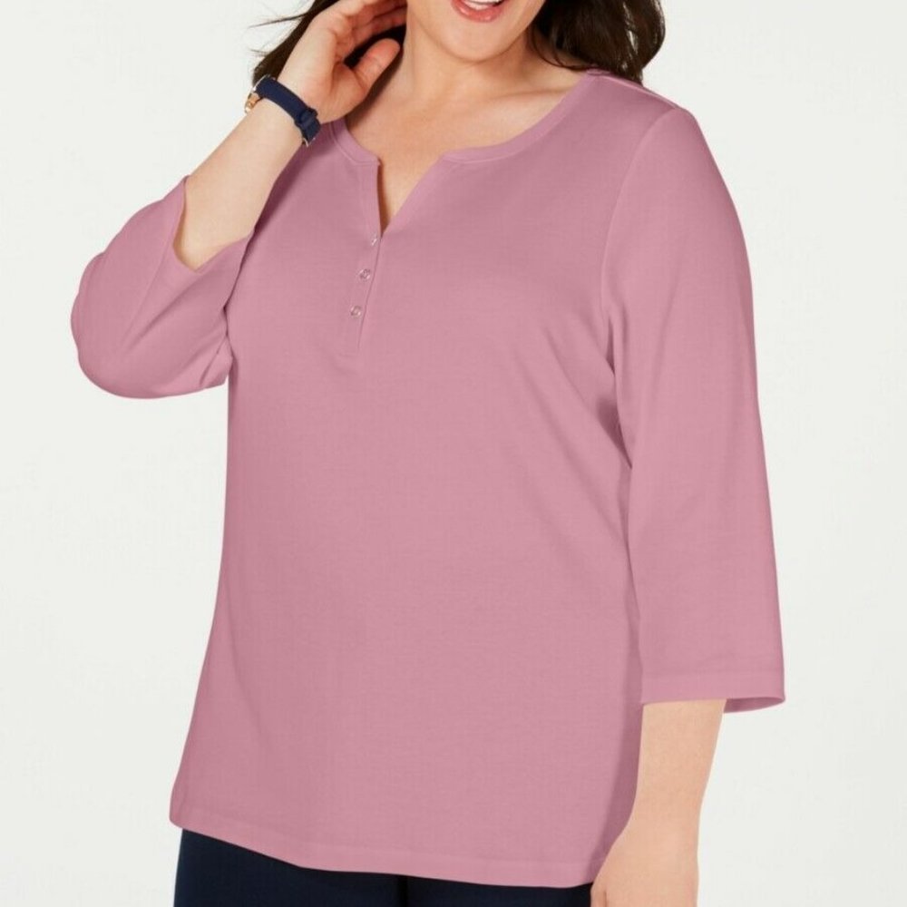 Karen Scott Plus Size Cotton Split Neck Top